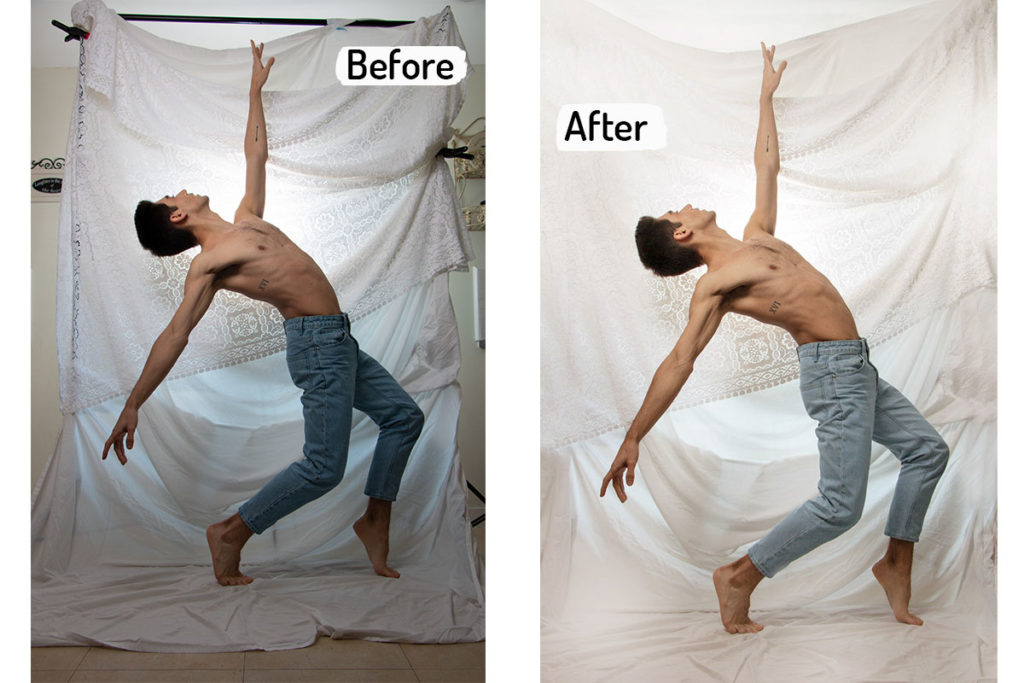 Before and after from dance photoshoot with male ballet dancer at home photography studio - How to take dance photos in small space - Anastasia Jobson