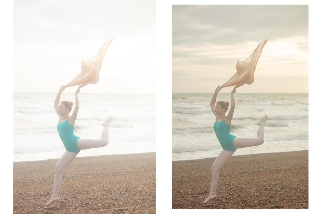 Before and after of a dance image on the beach. Photoshoot with ballerina in turquoise leotard and nude colour scarf as a prop 