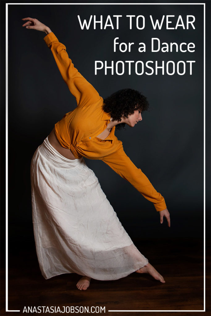 A contemporary dancer in a yellow top and white skirt is executing movement. A white text in top right corner says What to wear for a dance photoshoot