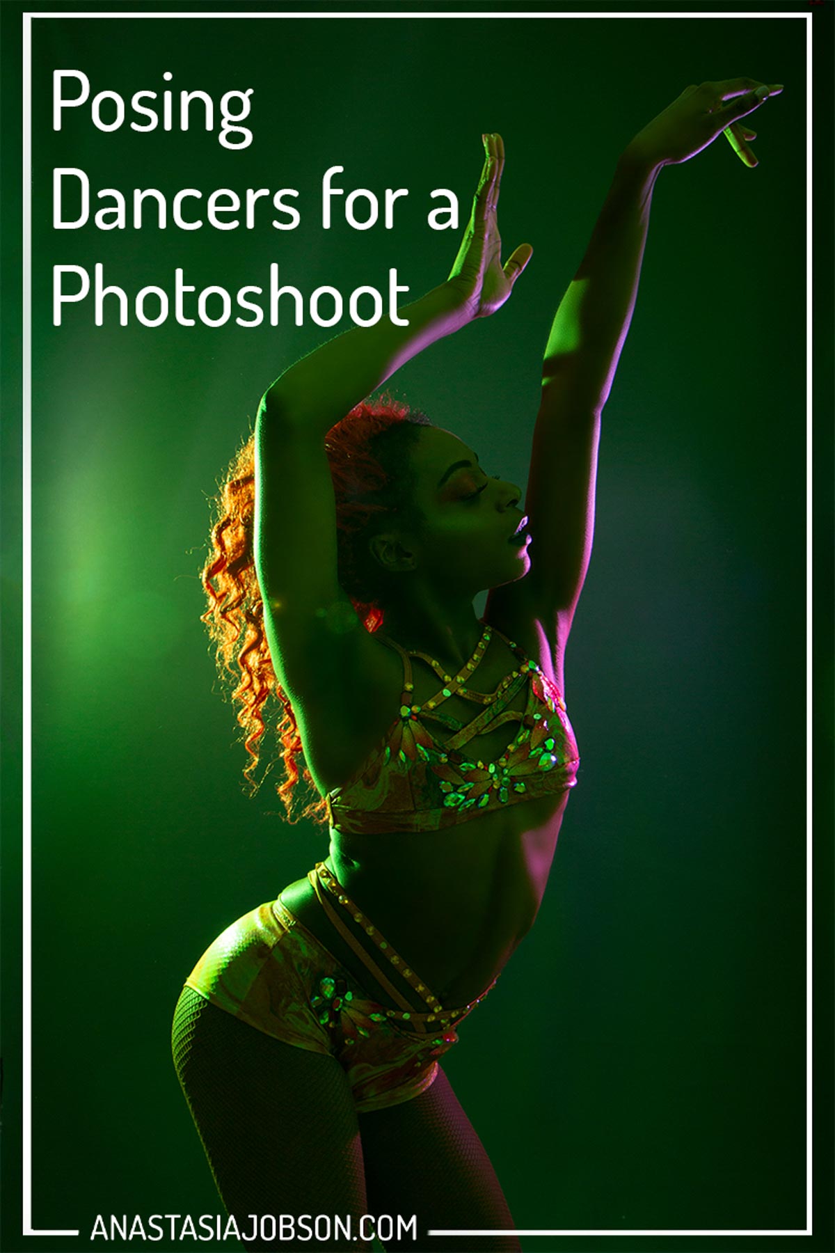 A guide to dance photography poses, how to pose dancers for a photoshoot; colourful lights, dancer is striking a pose