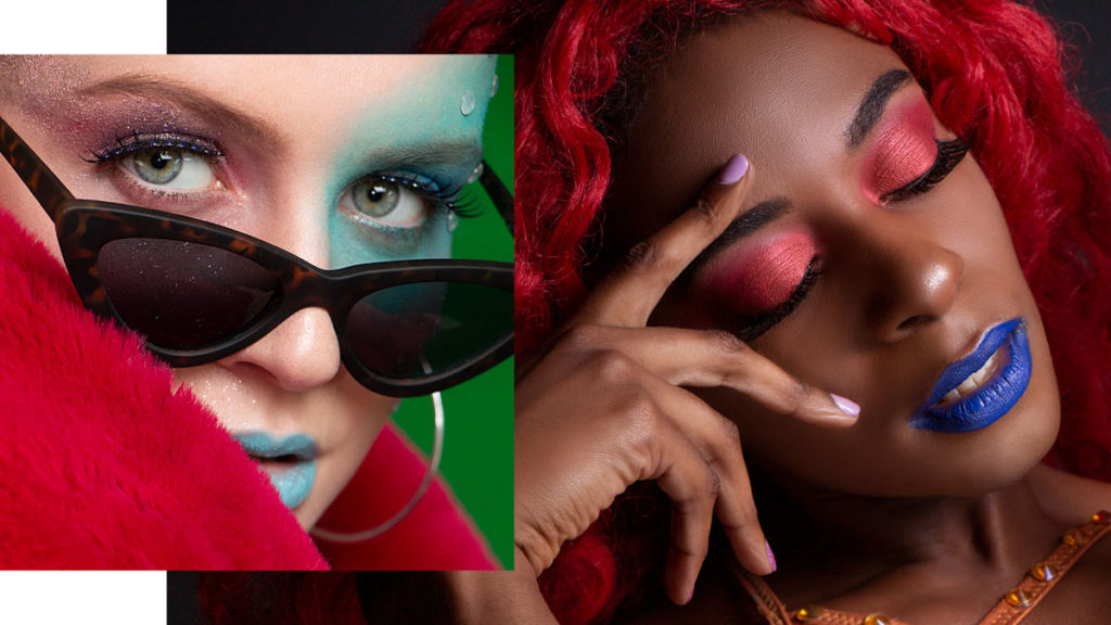 A collage of two close up beauty photos. On the left a white woman wearing leopard sunglasses and pink her with her lips painted light blue. On the right a black woman with red hair, red eyeshadows and dark blue lips