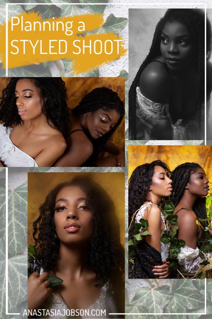 A step by step guide to planning a styled shoot. Collage with black and white and colour photos of two black women posing for beauty images