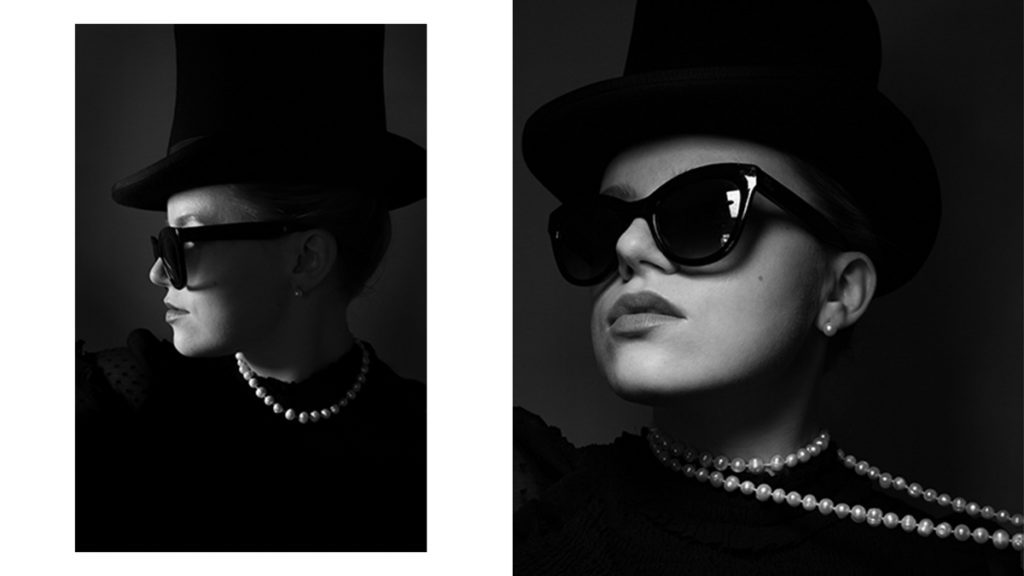 a collage with 2 portraits of woman wearing black sunglasses, top hat, black top and pearls