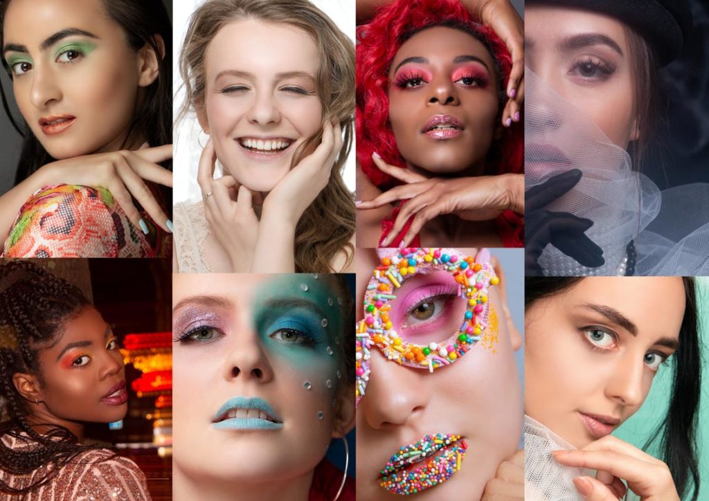 A collage of eight images of closeup beauty photos of women with creative makeup on