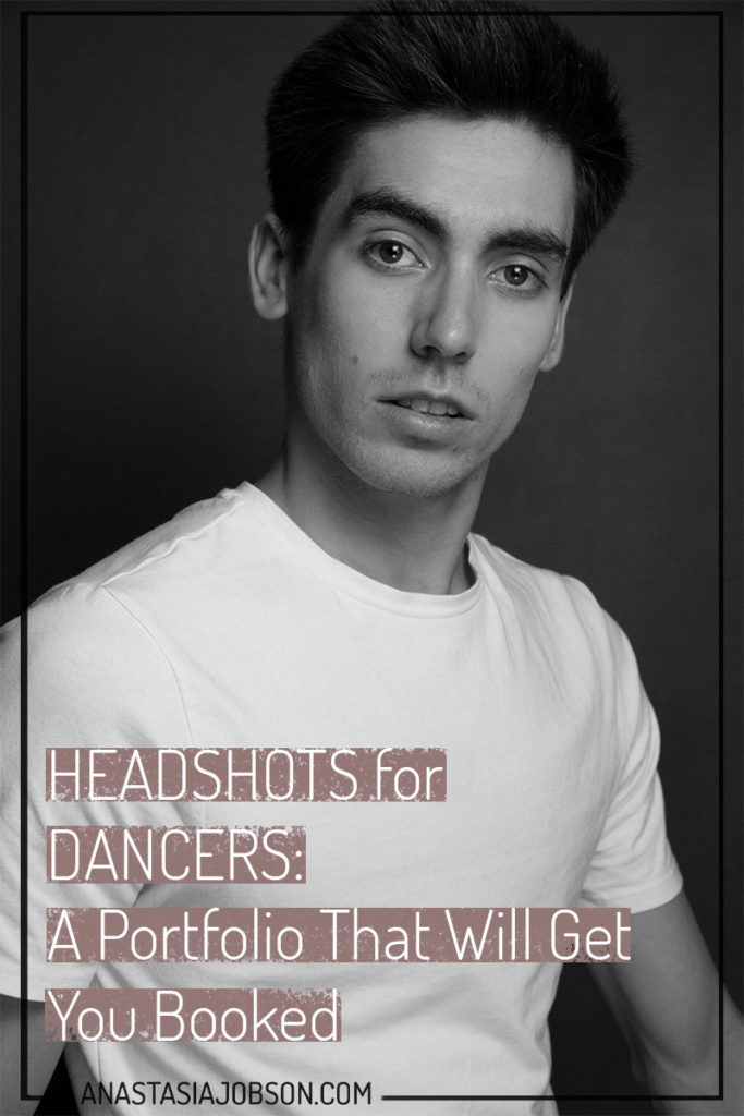 A black and white portrait of a man in a white top. Text on pink background says Headshots for dancers: A portfolio that will get you booked