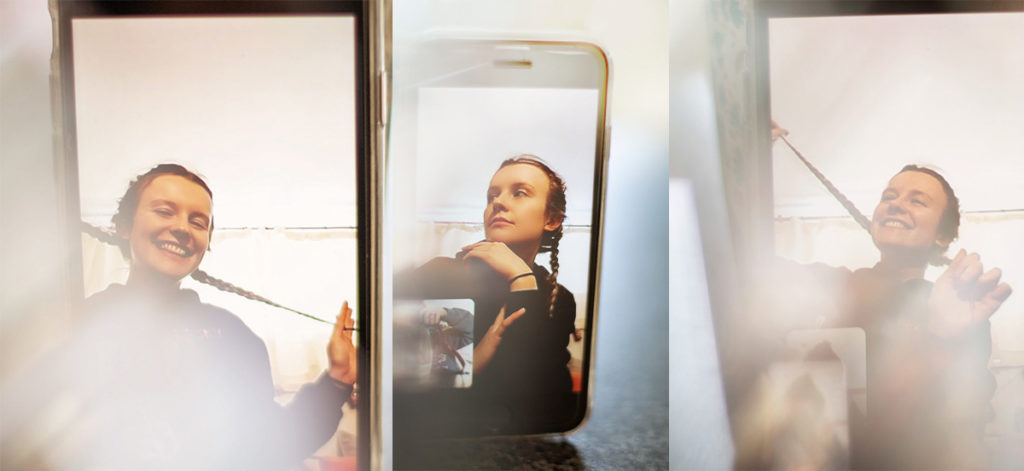 a collage showing three images of a phone while doing a FaceTime photoshoot with a woman with braids