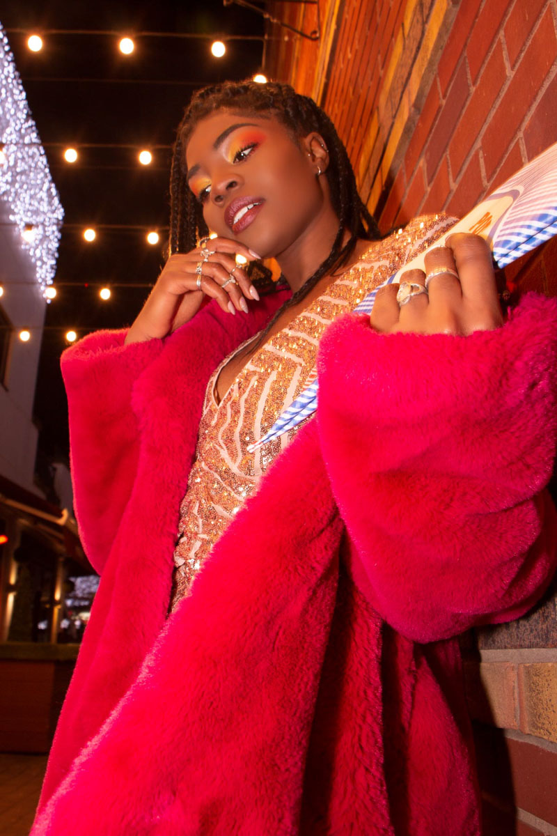 Birmingham fashion photoshoot in the street at night. Birmingham city lights fashion portrait