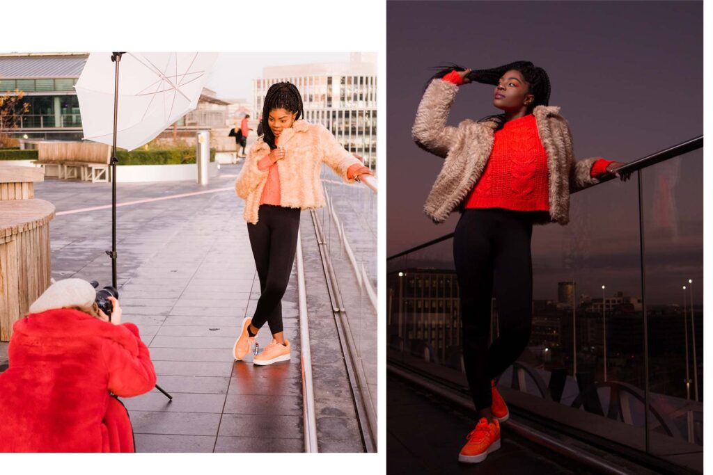 outdoor dance photoshoot Birmingham uk. on-location photography lighting during sunset