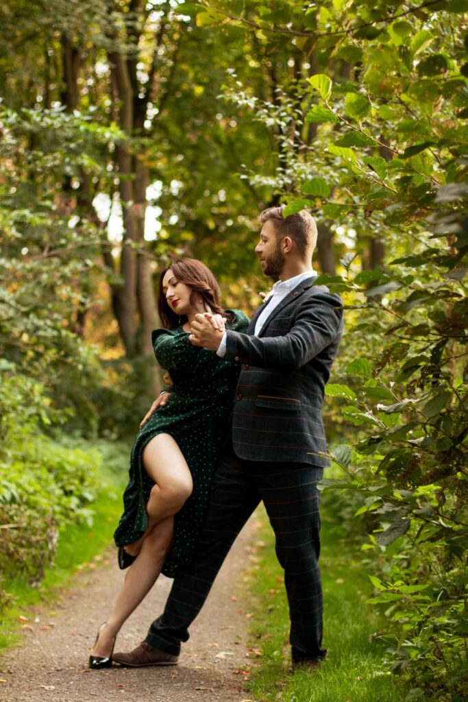 Engagement dance photoshoot in the forest, dance couple, couple dance photoshoot in Birmingham UK