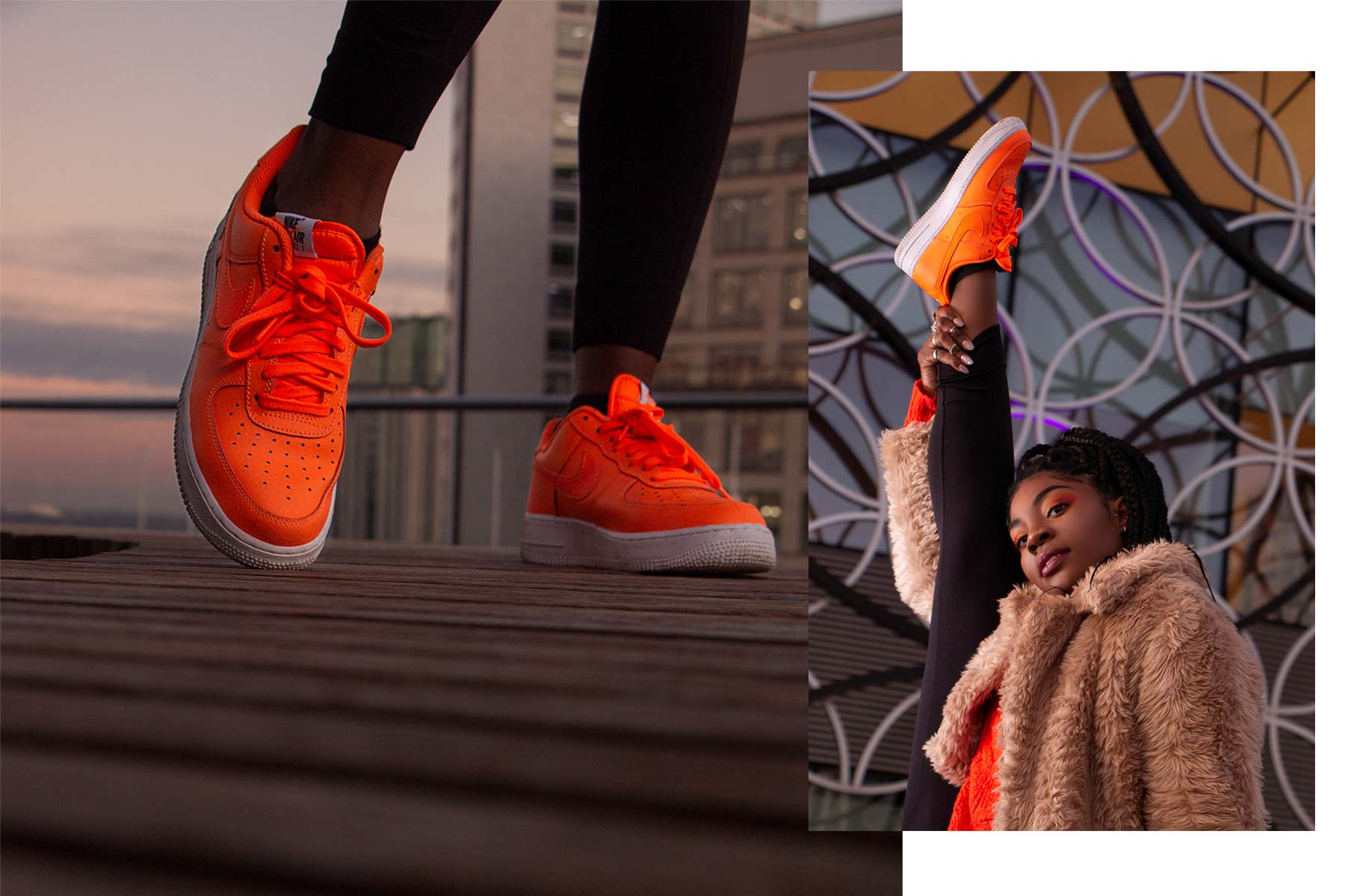 Fashion photography collage. Orange Nike trainers. Street fashion photoshoot in Birmingham city centre. Active wear fashion photography Birmingham UK. Fashion photographer West Midlands.