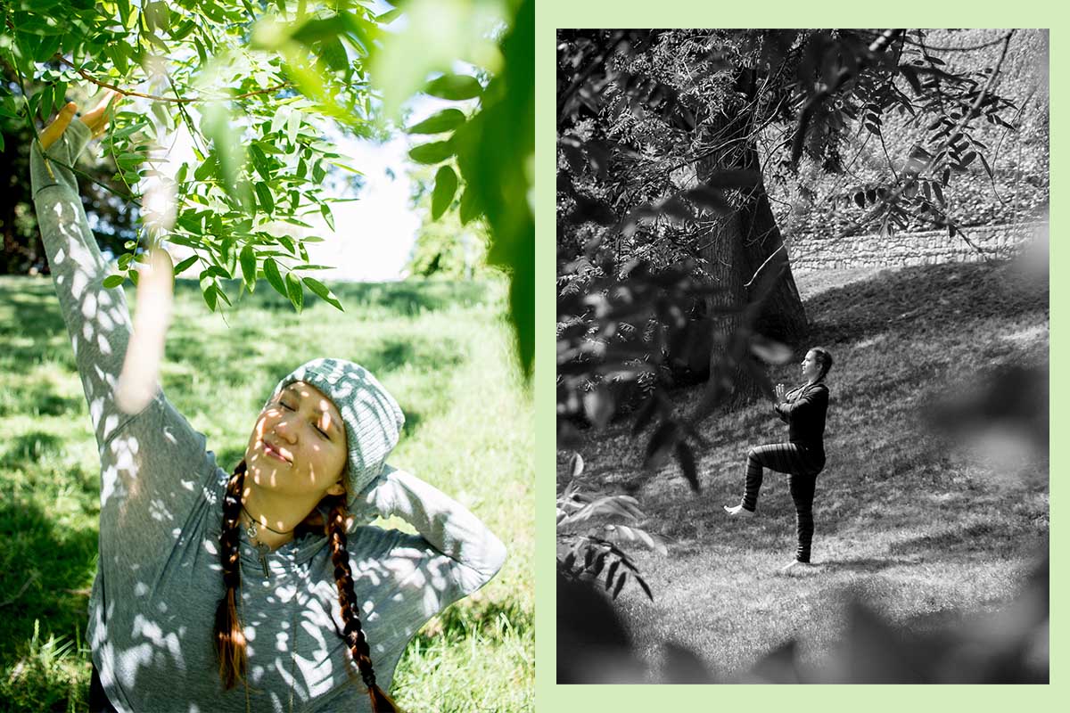 A woman practicing yoga and meditation in the park. Making the most of staying at home during covid-19 lockdown. 