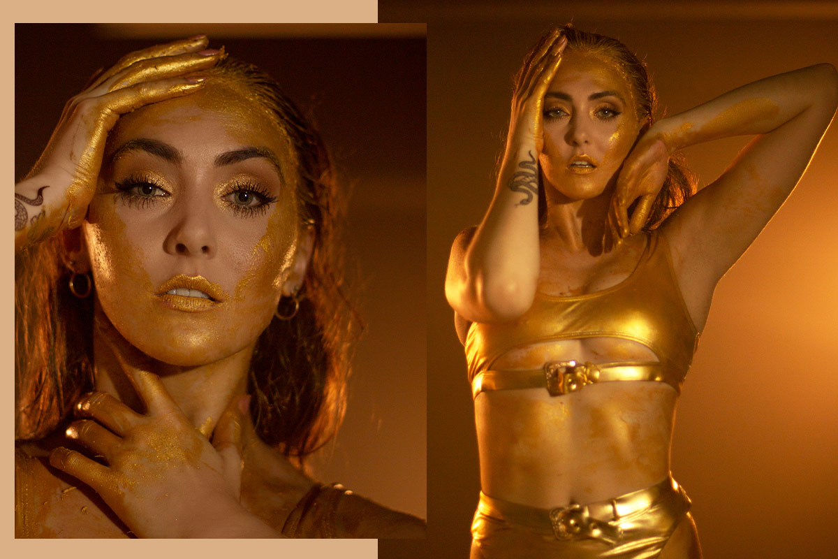 Creative photo and video session with Birmingham dancer. Gold paint smearing 