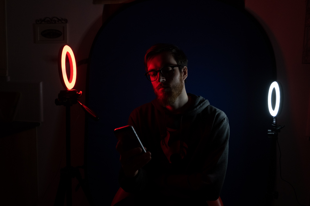 Backstage RGB colour ring light photography for studio portraits
