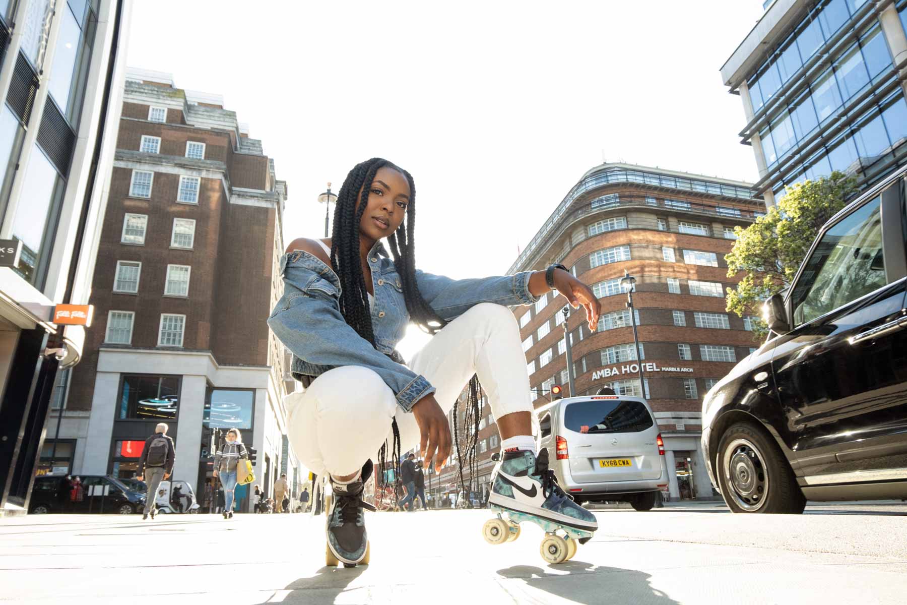 Roller skating photoshoot at Oxford Street in central London with a skater Ayisha