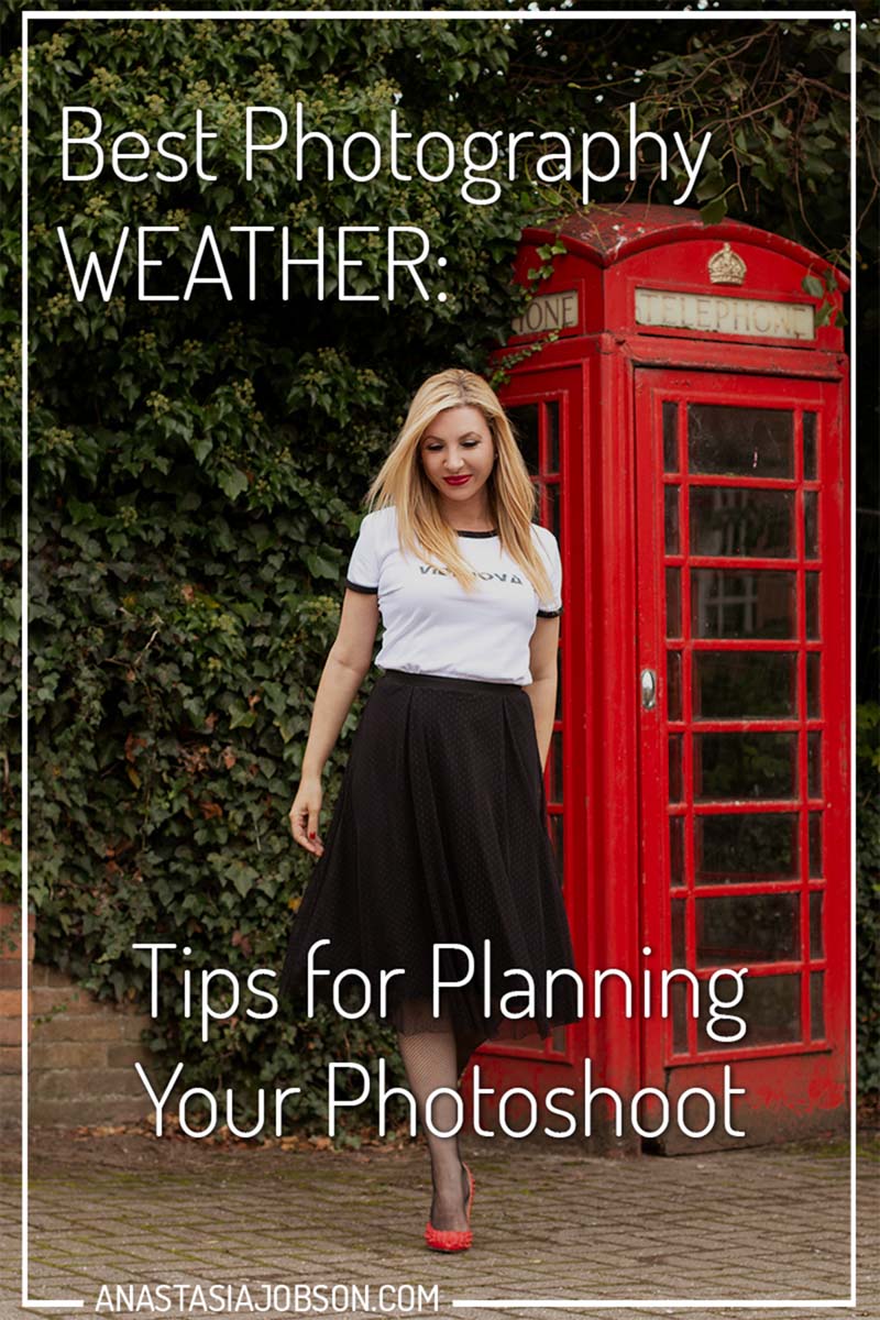 A portrait of a blond woman with red phone booth. Text saying best photography weather