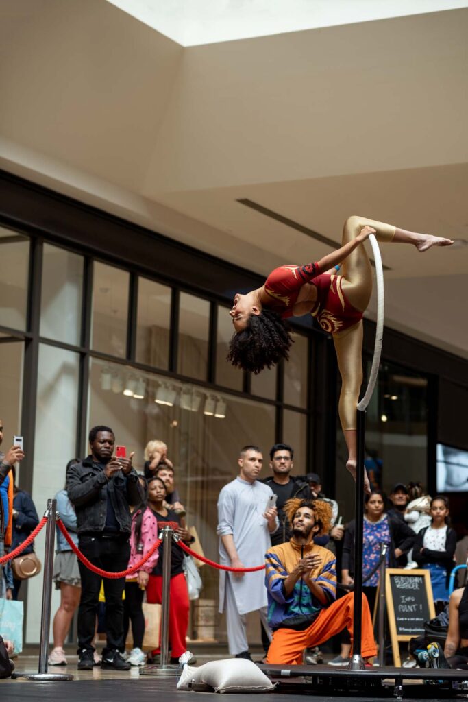 Fierce Flow show at Bullring during Birmingham Weekender 2021, female aerial performer