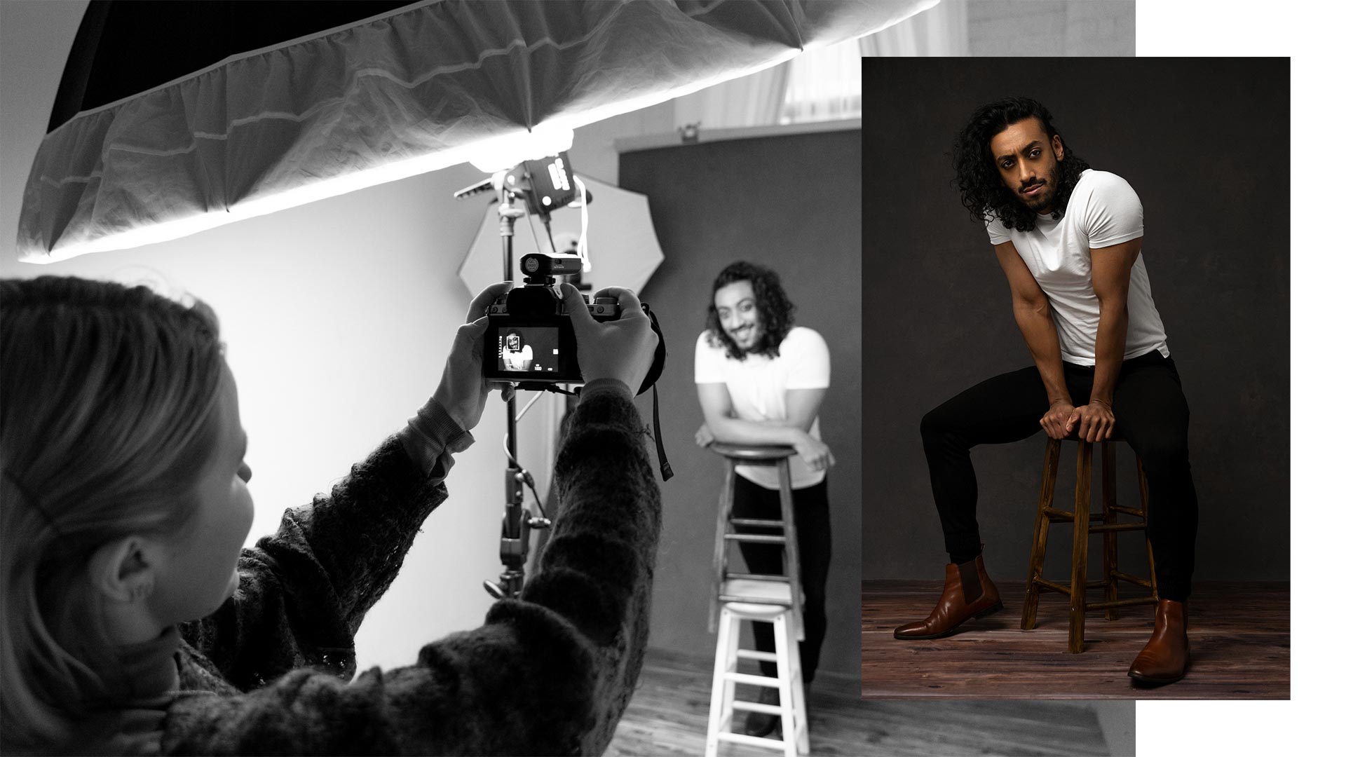 studio portrait photoshoot - behind the scenes and final image