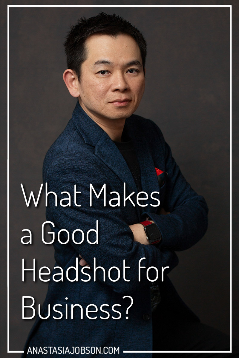 Business executive headshot portrait with text saying What makes a good headshot for business?