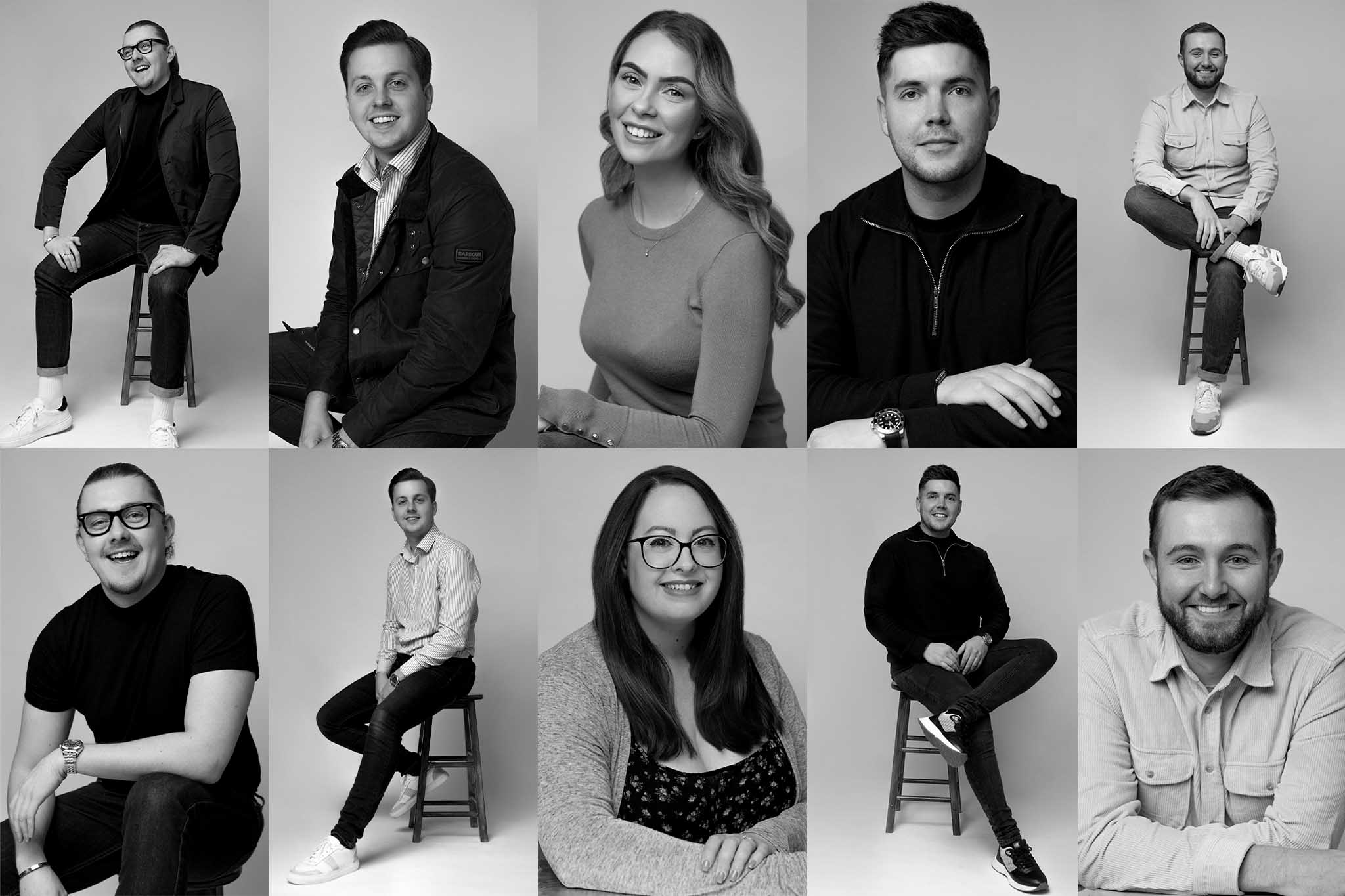 modern black & white office staff headshots collage