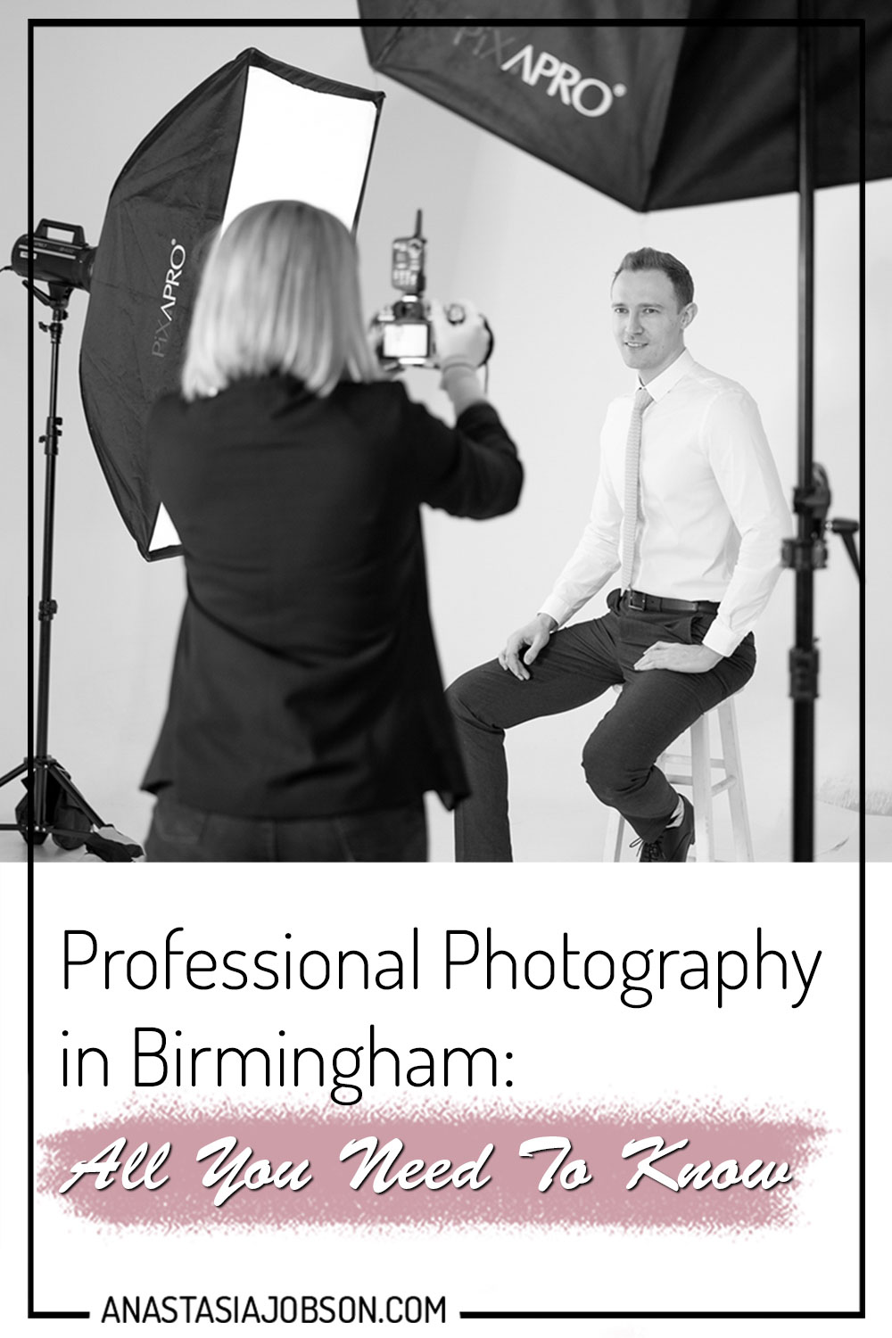 Behind the scenes from a headshot photography session, text saying Professional Birmingham photography: all you need to know