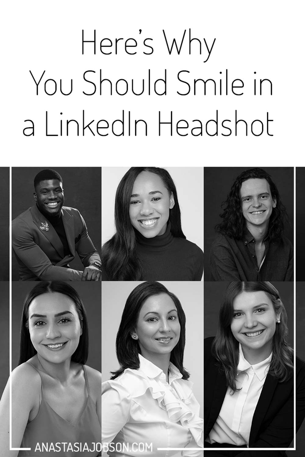 professional profile photos, text saying here's why you should smile in a LinkedIn headshot