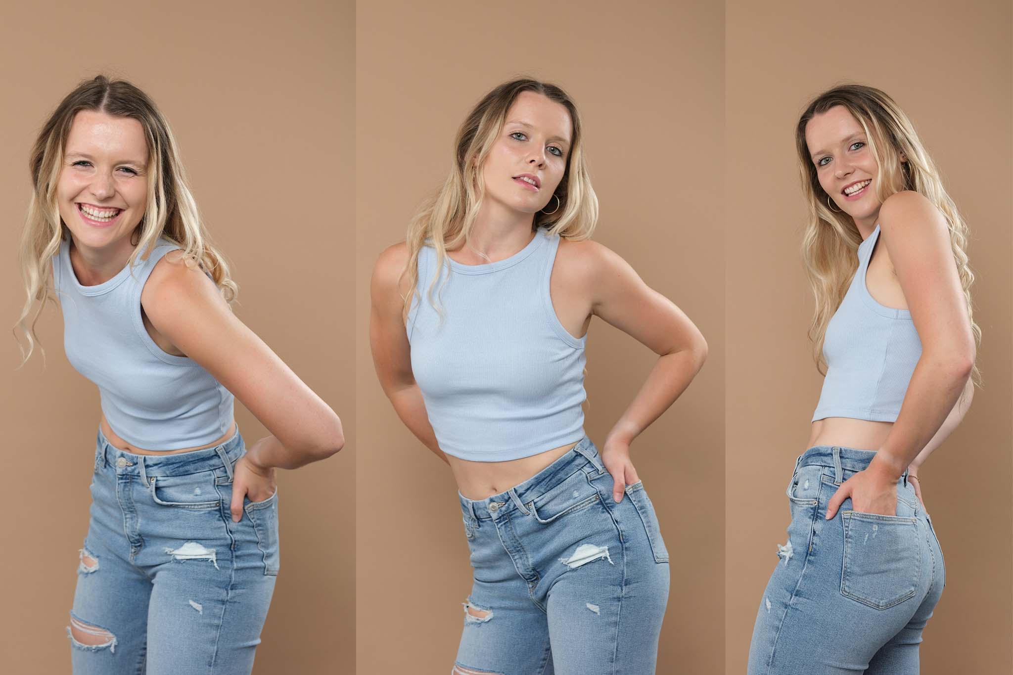 how to pose for photos, a collage with posing variations