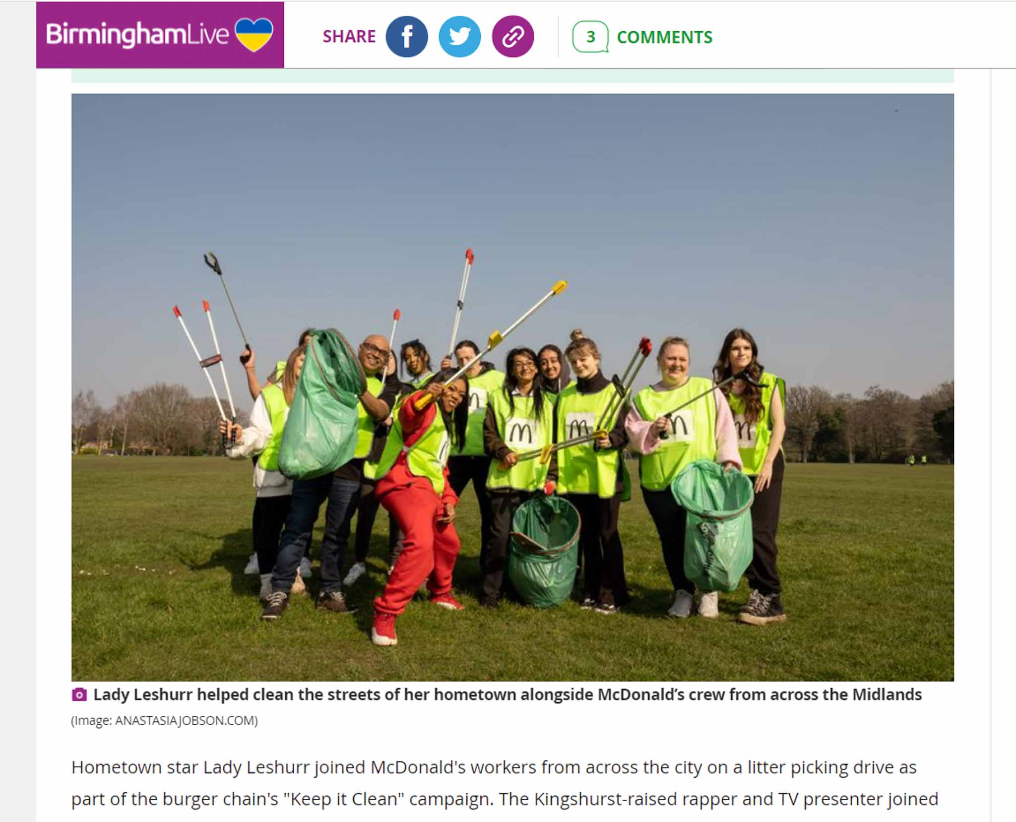 McDonald's 'Make It Clean' campaign with Lady Leshurr, a screenshot of BirminghamLive article