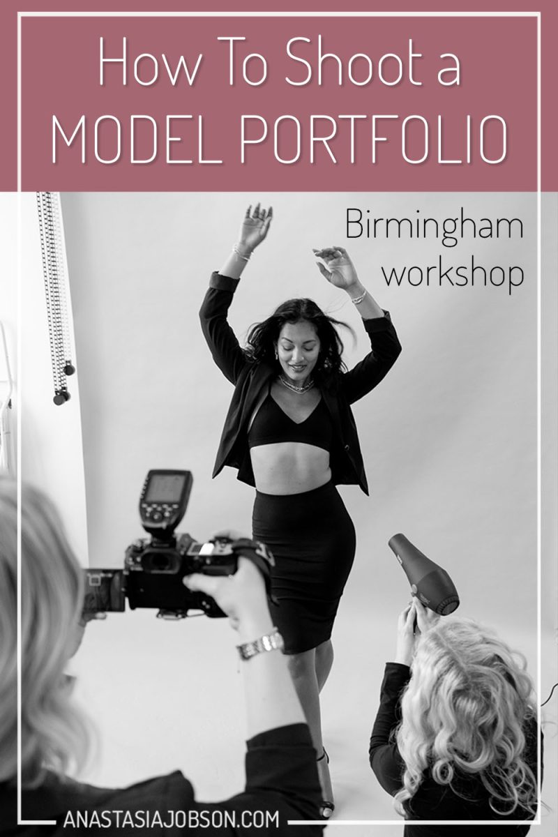 behind the scenes of a studio model portfolio photoshoot. Text saying How to shoot model portfolio, Birmingham Workshop