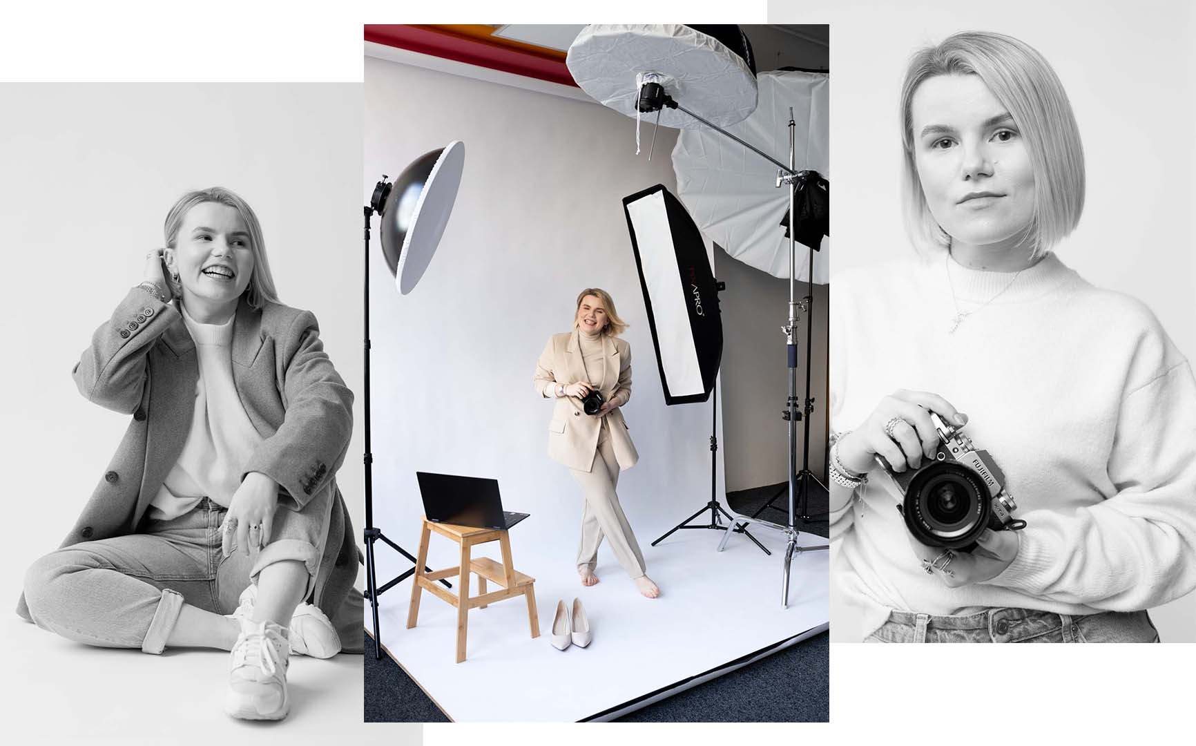 business portraits of a female photographer holding a camera